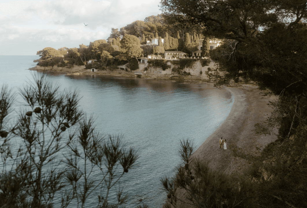beach at french riviera with wedding couple