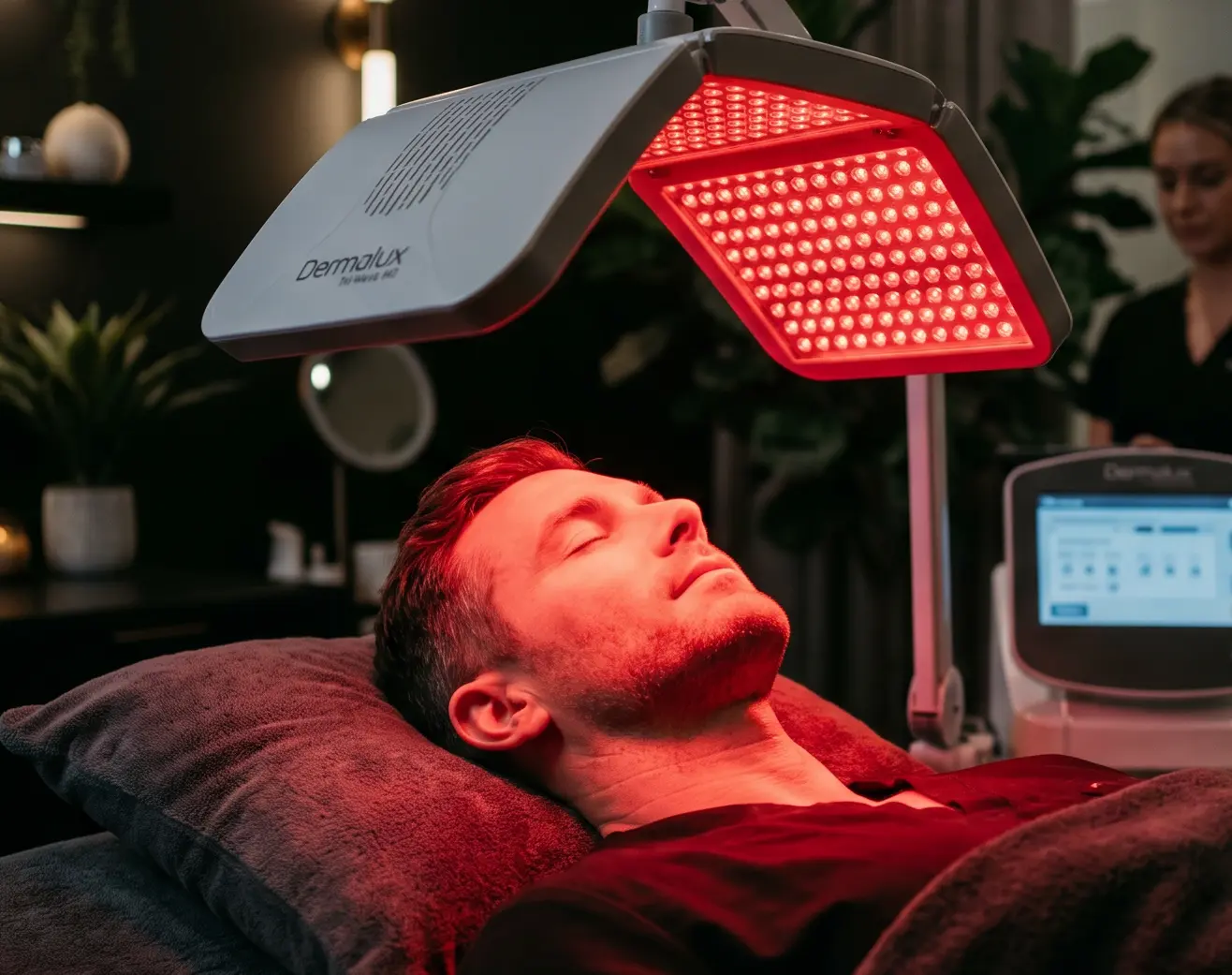 A person in a clinic with led red light therapy