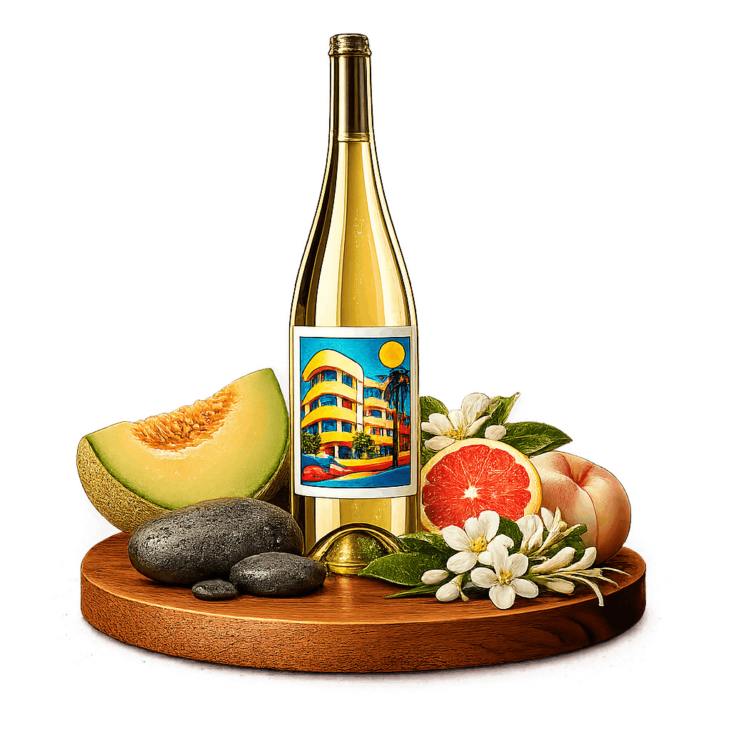 Artistic label and flavor profile for Israeli White Blend on a rustic wooden table.