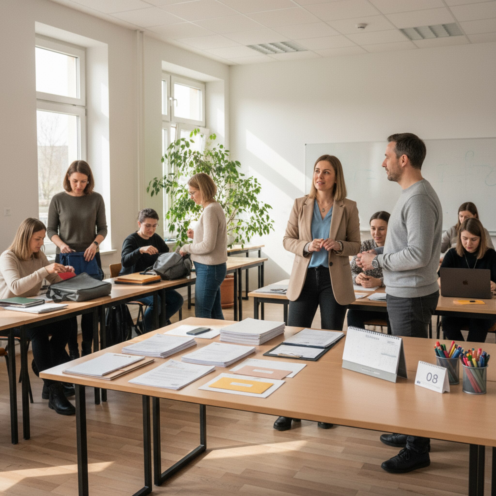 Nach einem Kurs sammeln Teilnehmende ihre Materialien ein, während am vorderen Tisch ordentliche Unterlagen für Teilnahmebestätigungen und Abrechnungen bereitliegen. Die Kursleitung spricht ruhig mit einer Teilnehmerin über eine Terminverschiebung. Alles wirkt strukturiert, freundlich und fair gelöst.