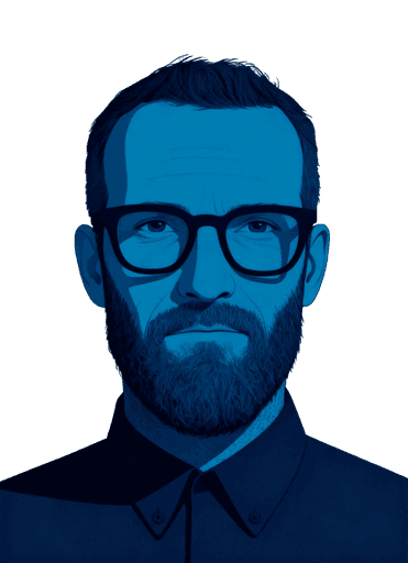 Blue-toned illustration of a bearded man with glasses against a black background