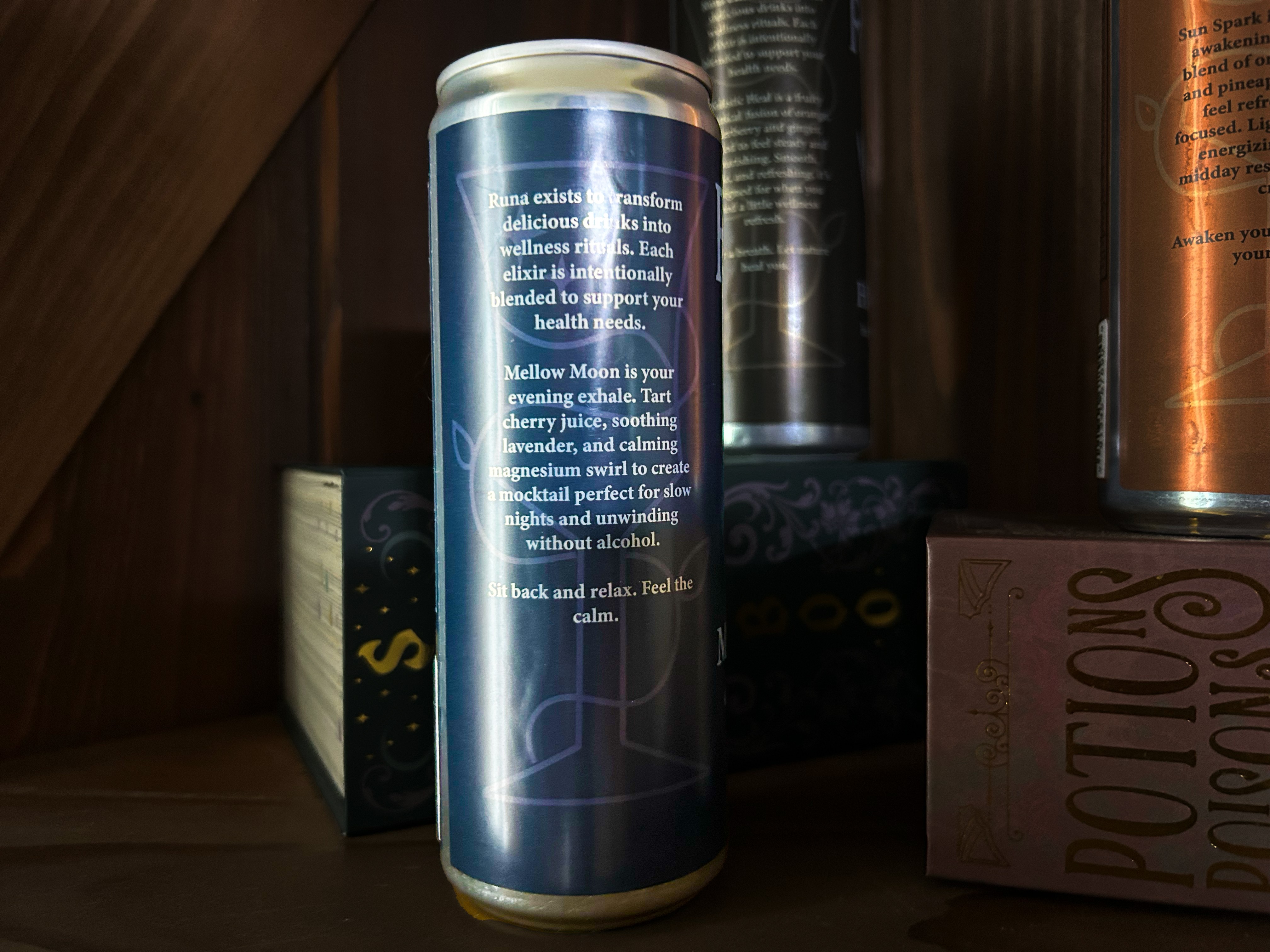 Close-up image of the back of the beverage can with the product description and brand story
