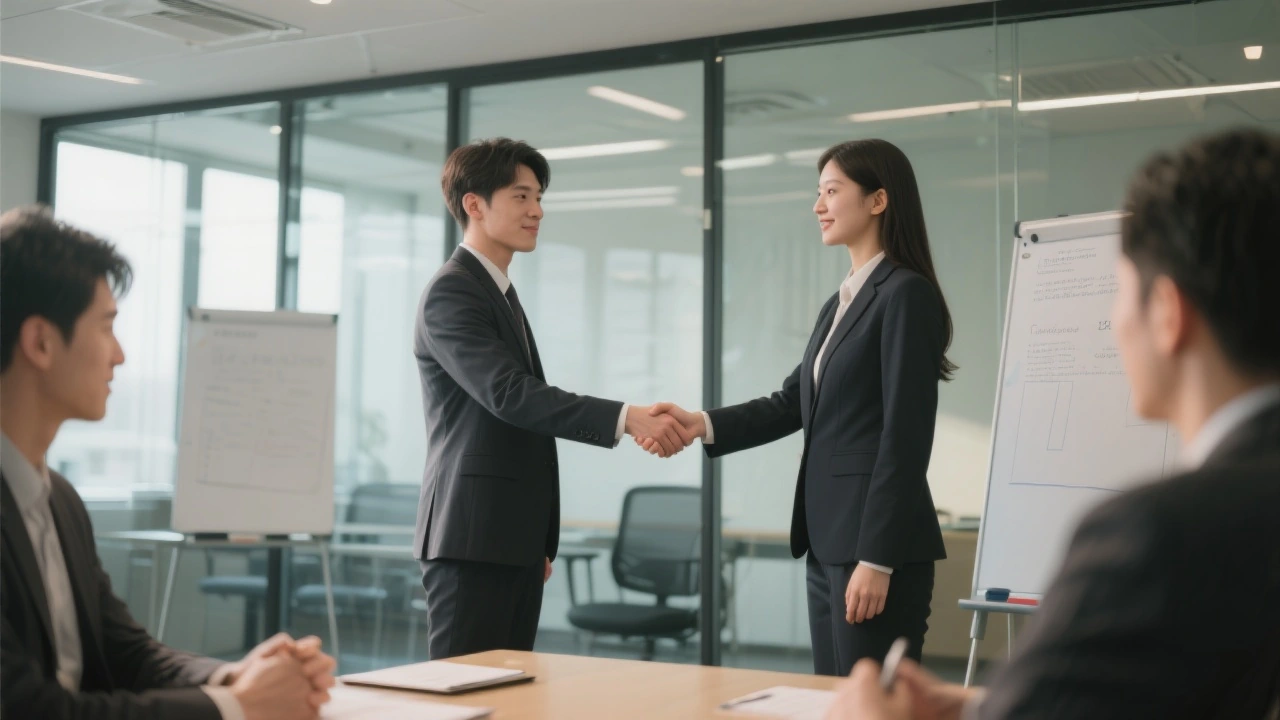 Deux jeunes étudiants se serrent la main dans une salle de formation vitrée après négociation simulée réussie