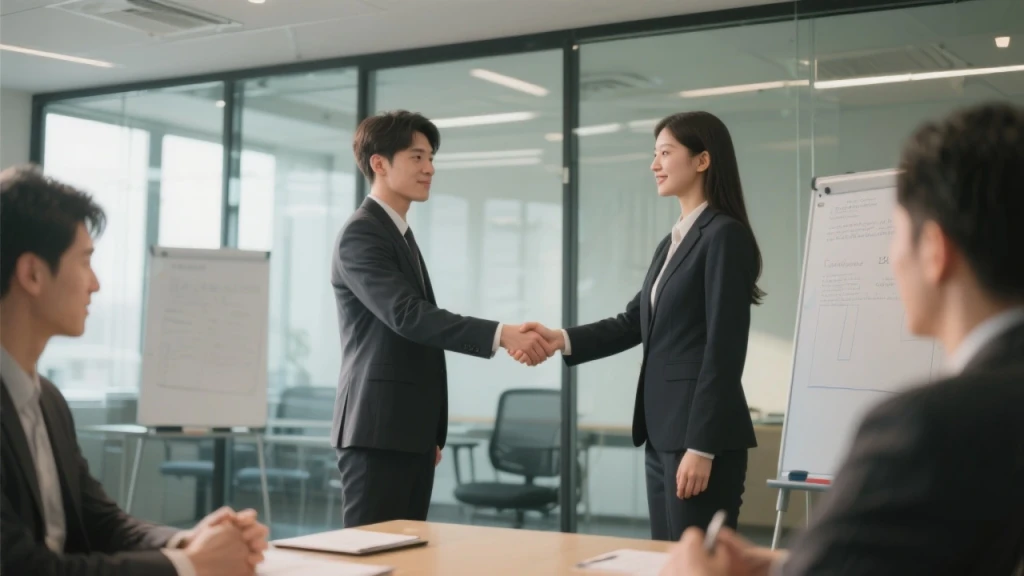 Deux jeunes étudiants se serrent la main dans une salle de formation vitrée après négociation simulée réussie