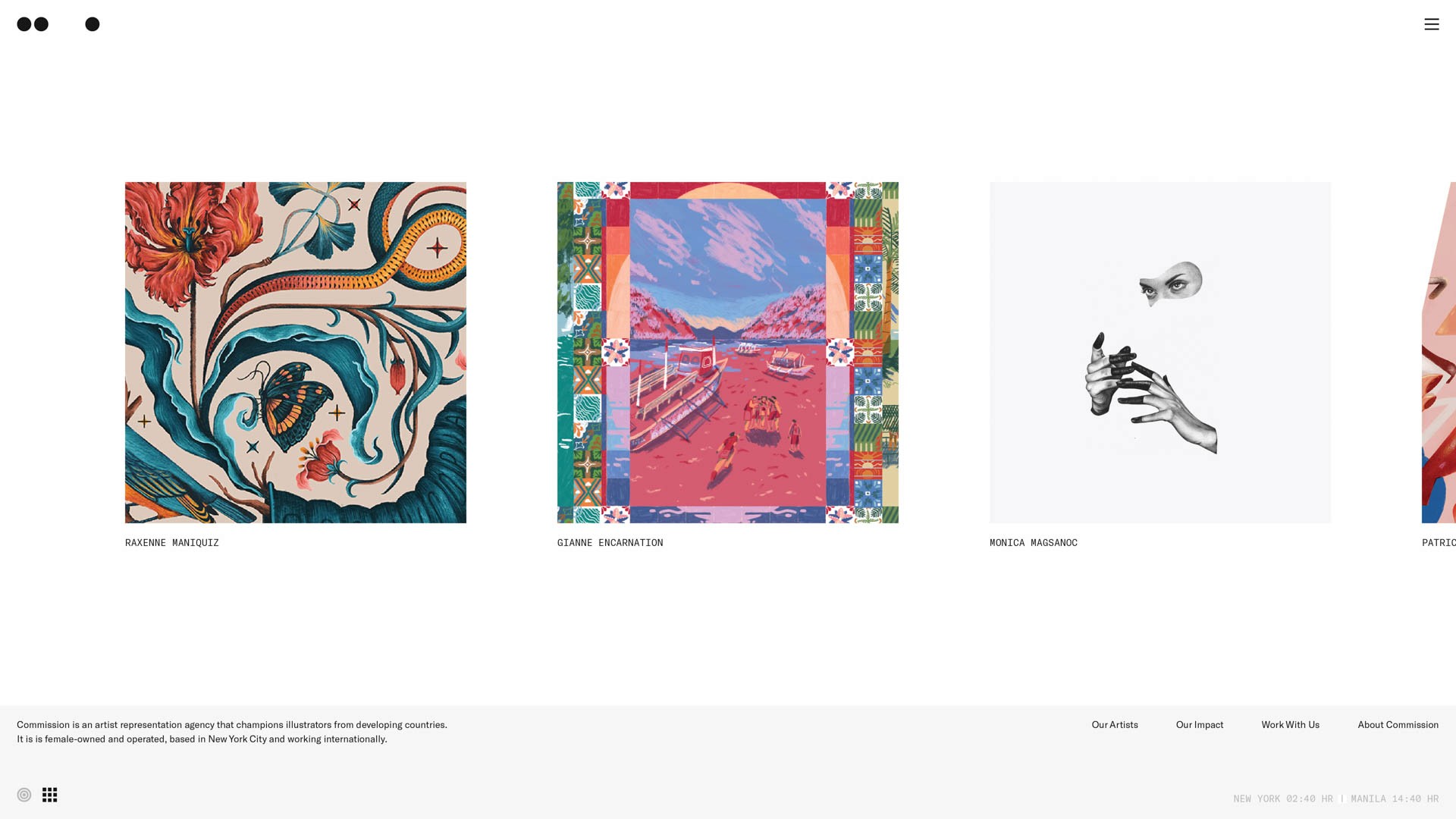 The image displays a horizontal art gallery featuring three distinct artworks. On the left, a vibrant painting titled “RAKENE MANIQUIZ” showcases an abstract design with bold colors and fluid lines. In the center, a colorful painting titled “CIANNE ENCARNATION” depicts a scene with a boat on water against a colorful sky. To the right, a minimalist black and white painting titled “MONICA MASSONOC” presents a stark contrast with its monochromatic palette. Each artwork is presented against a white background, and the gallery includes a footer with text indicating an artist representation agency and commission details.