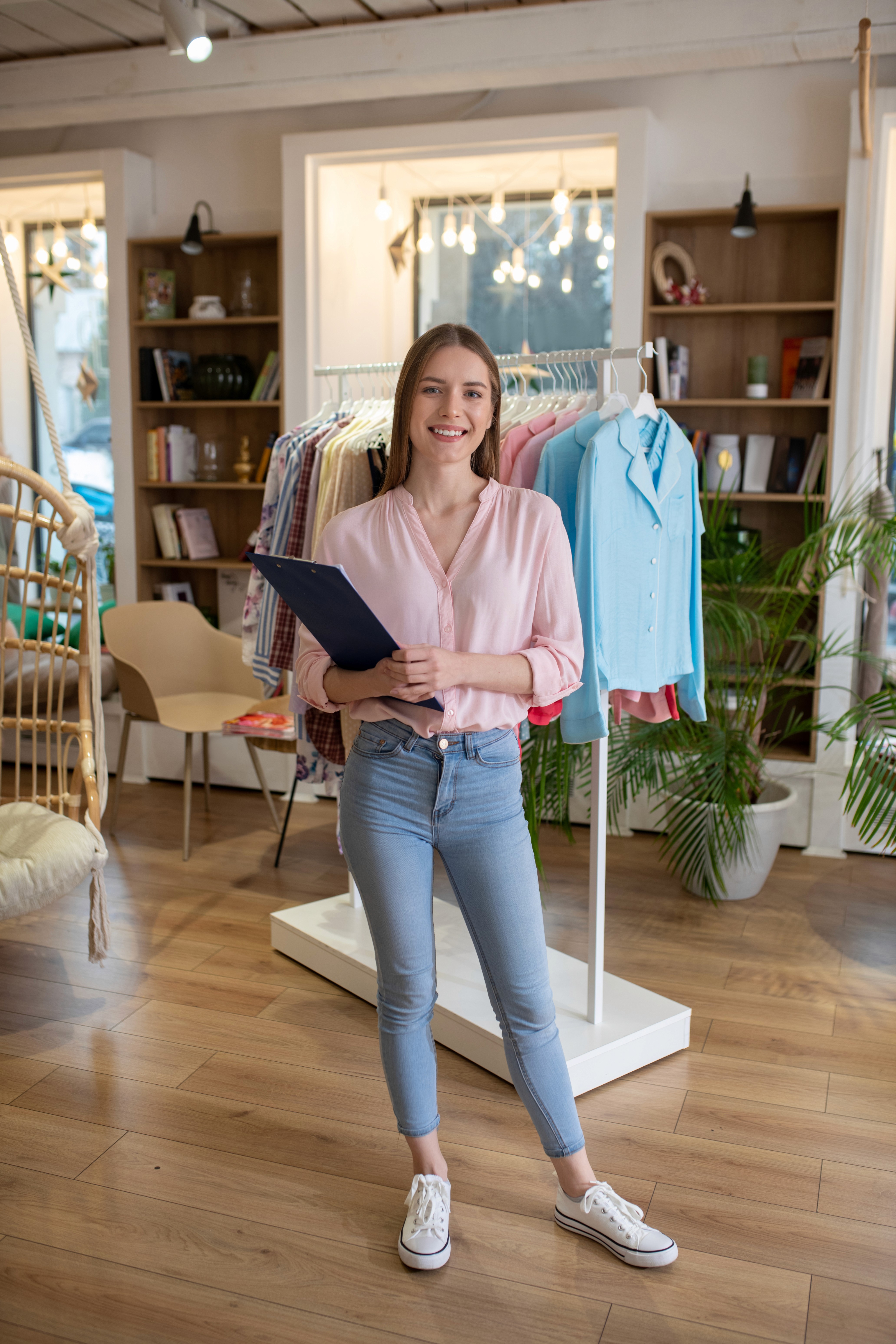 Small business owner standing in her clothing boutique