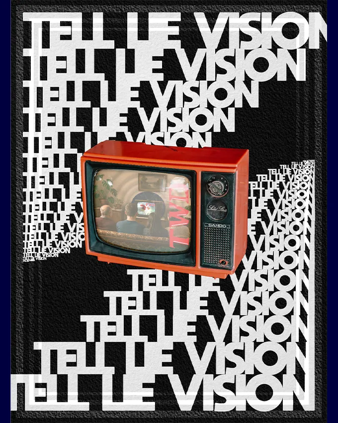 Tell Lie Vision Serbia poster: two figures watching television on a red vintage Sampo TV set, black textured background