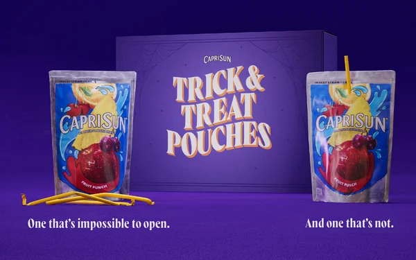 Capri Sun Trick & Treat Pouches pack with one impossible-to-open pouch and one regular pouch