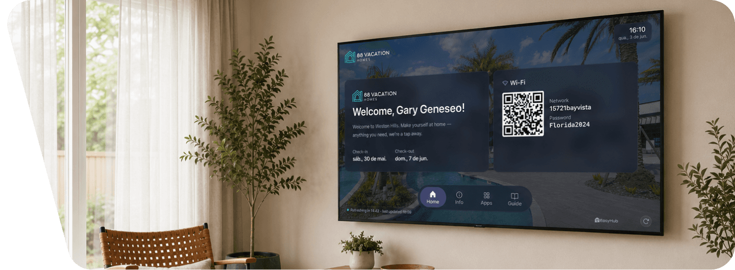 Smart TV welcome screen in a vacation rental living room, showing guest information, Wi-Fi details, QR code, and EasyHub interface.