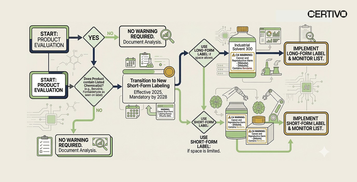 Proposition 65 warning requirements compliance decision flowchart for manufacturers and labeling teams