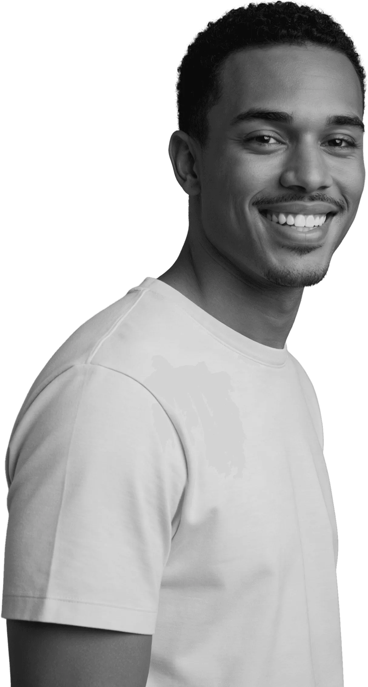 Professional minimalist black and white headshot of a smiling man wearing a white shirt