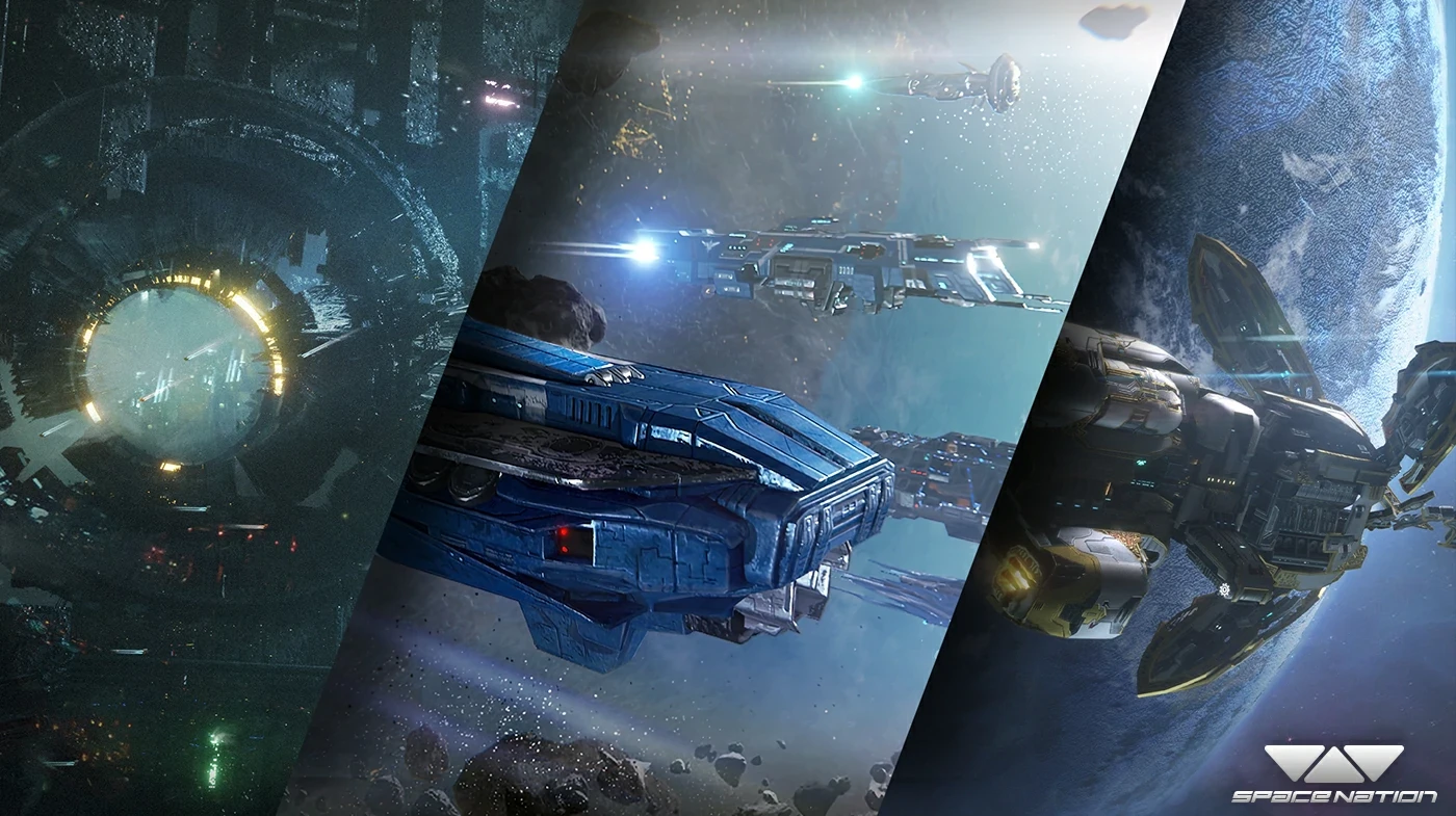 A sci-fi themed image depicts three separate scenes: the first shows a large space station amidst a starry background, the second features blue spacecraft flying through an asteroid field, and the third displays a spaceship near a planet. The Space Nation logo is in the corner.