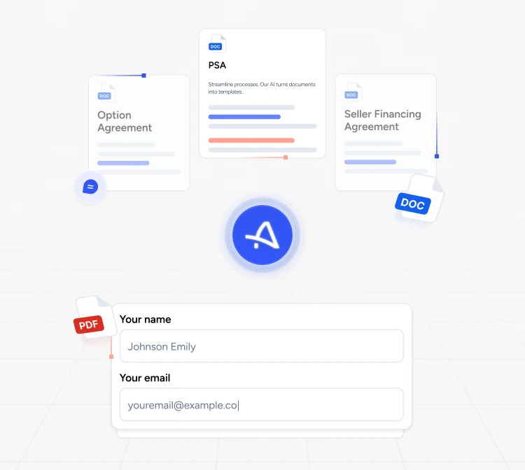AI icon surrounded by floating document cards, with a highlighted PSA card and a partially completed name and email form below.