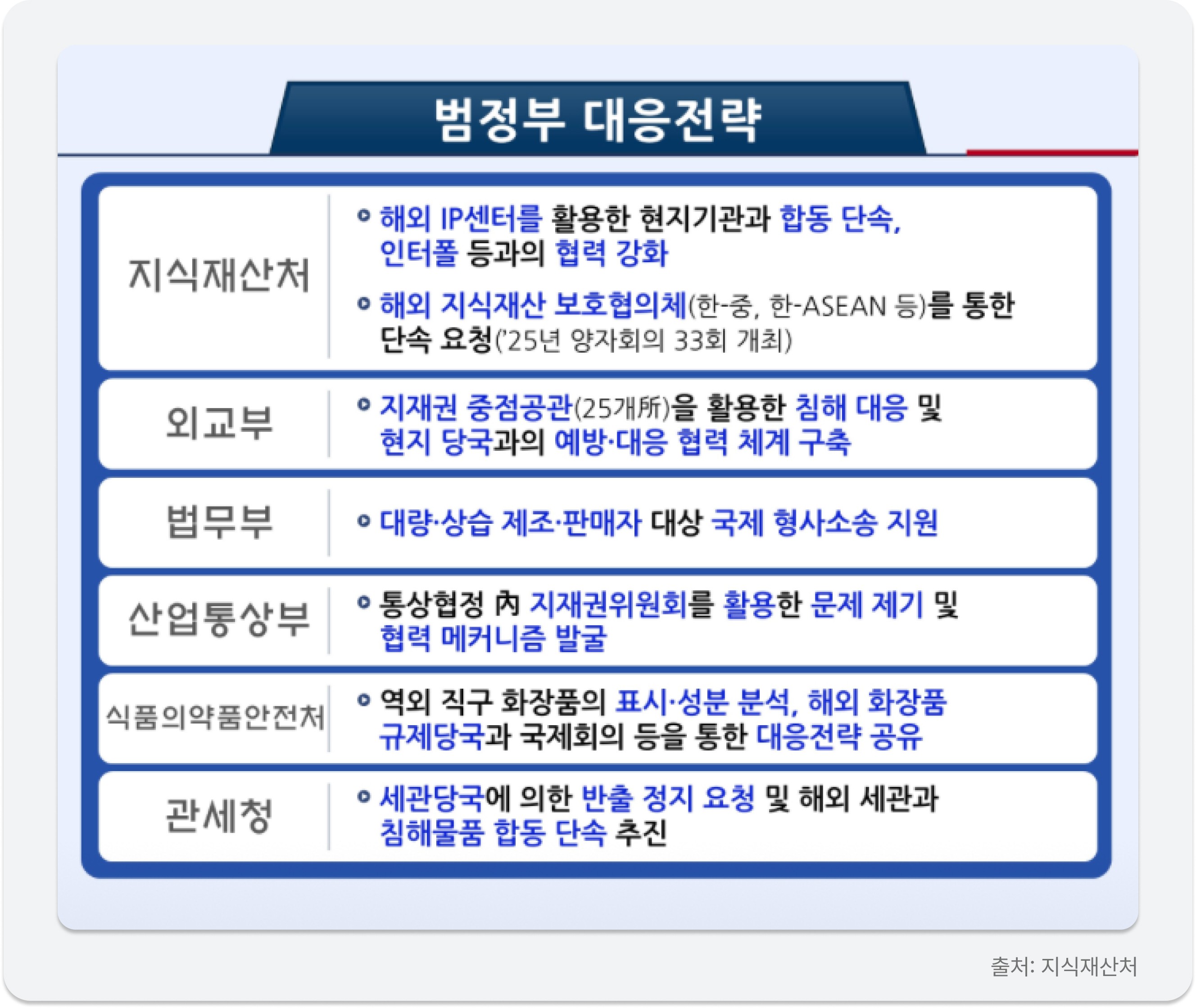 지재처·외교부 등 범정부 합동 가품 대응 전략 / Pan-government strategy and roles for combating global counterfeits.