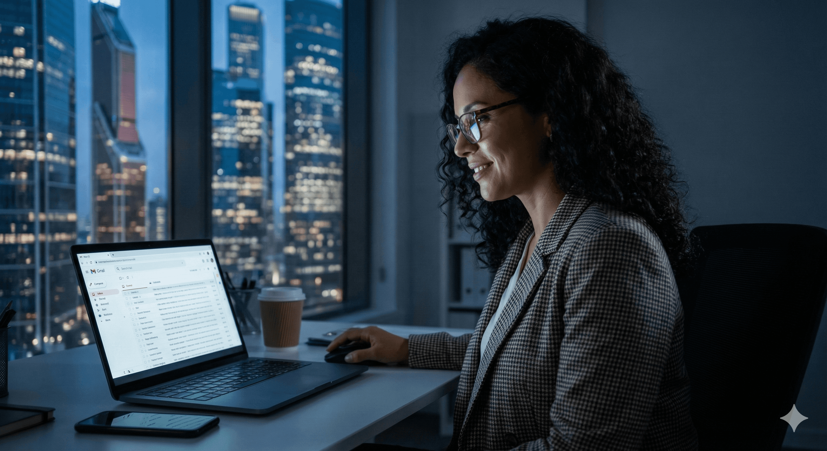 Decision intelligence AI: Woman uses AI for competitor analysis & market research.