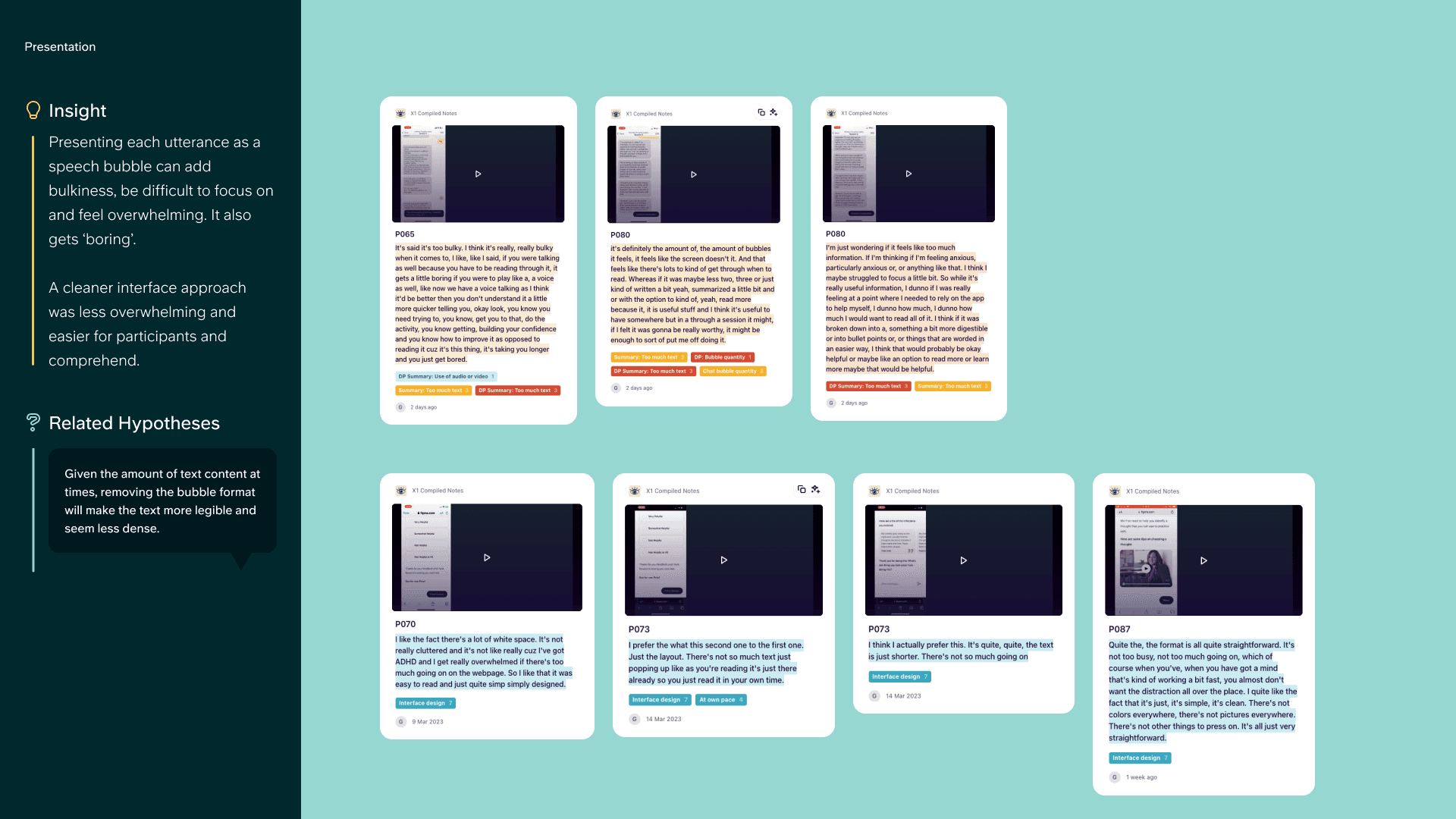 Long sequences of message bubbles felt bulky, repetitive and difficult to focus on.