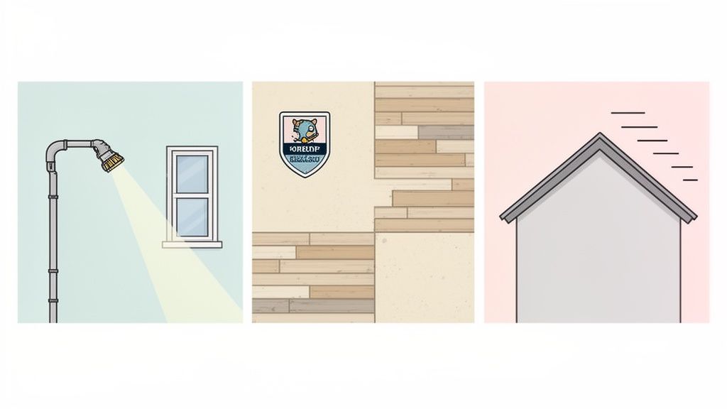 Three panels: a light fixture illuminating a window, a shield logo, and the roof of a house.