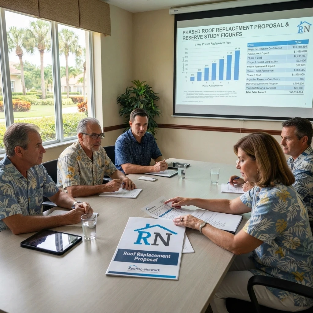 Condominium board meeting reviewing a phased roof replacement proposal and reserve study figures