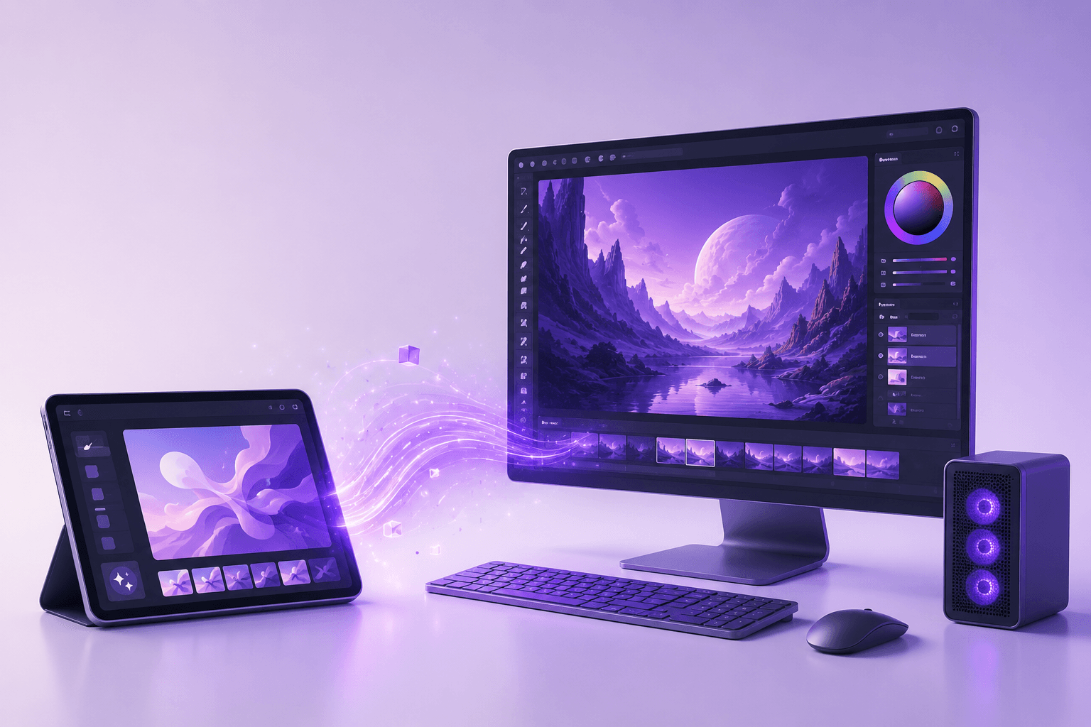 Creative desktop workstation connected to a tablet through a purple data stream, showing remote digital art or editing workflow.