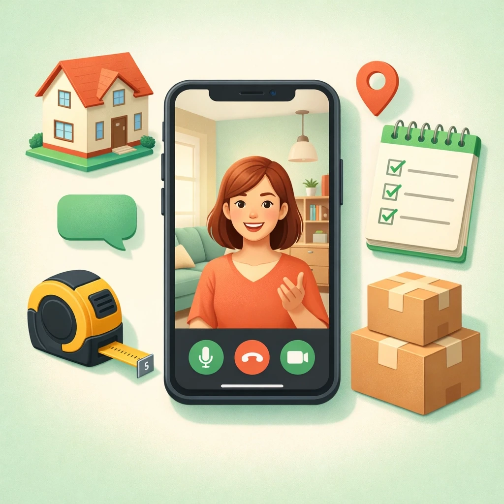 Virtual moving quote estimate via video call on smartphone with moving checklist