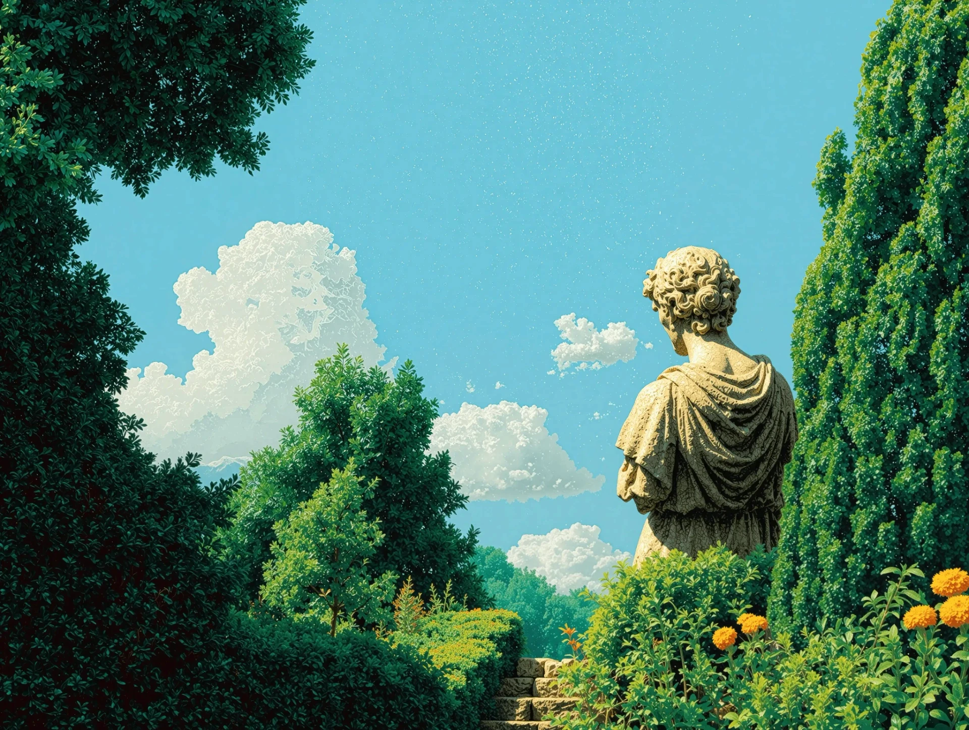 Illustration en pixel art d'une statue classique vue de dos, surplombant un jardin verdoyant et un ciel bleu.