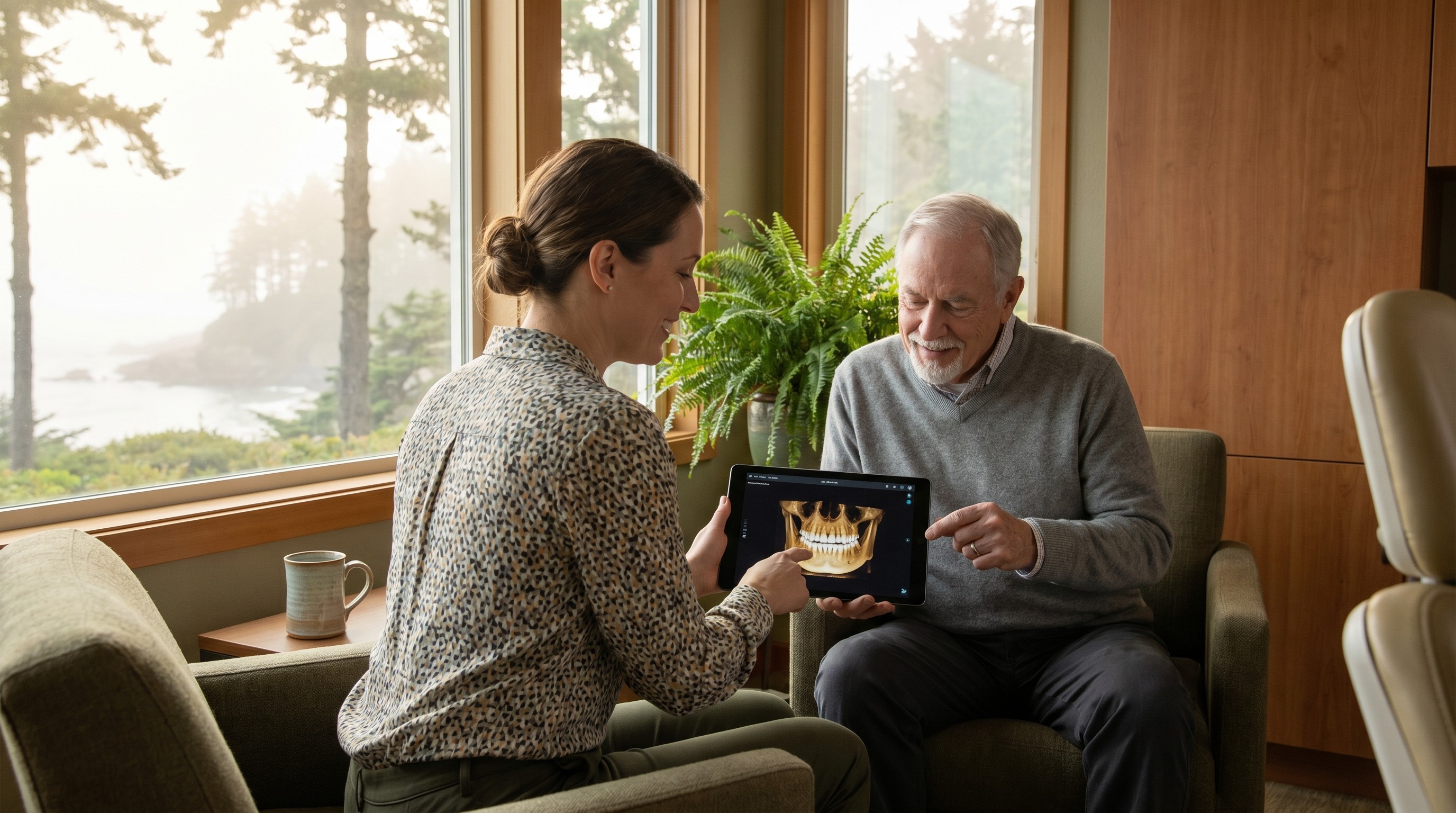 Dentist reviewing a 3D jaw scan on a tablet with an older patient in a sunlit consultation room