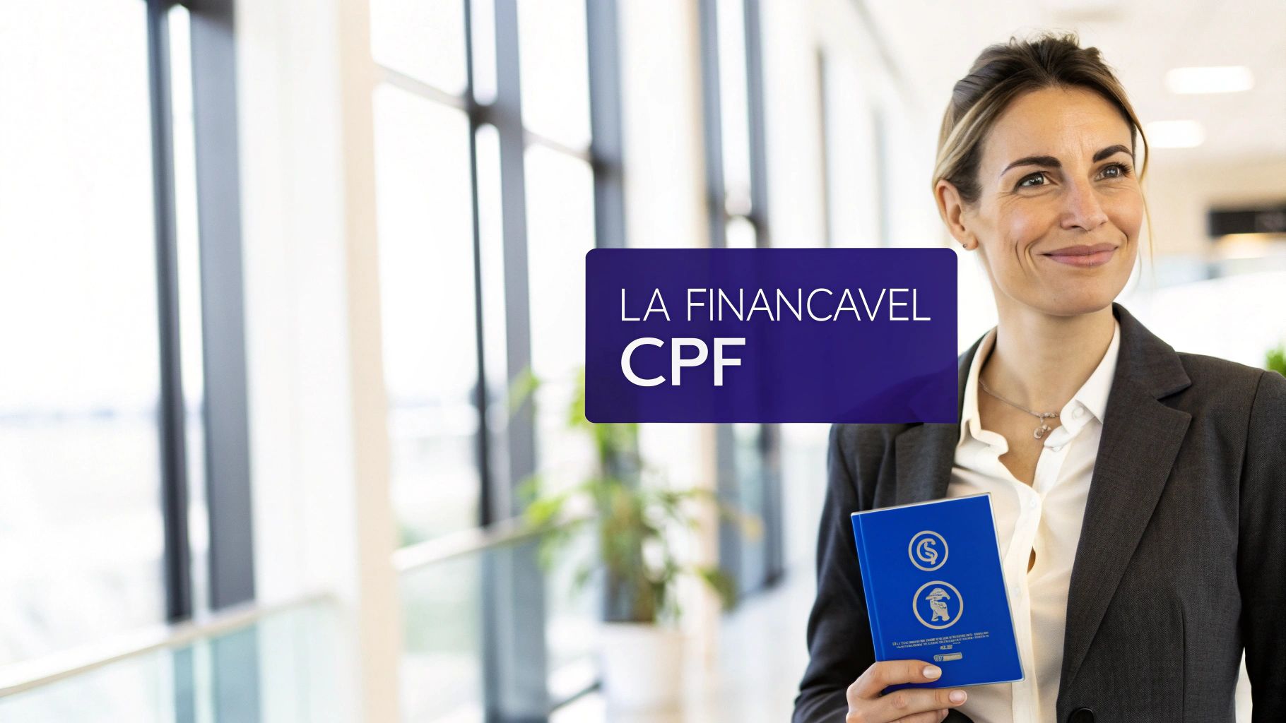Femme d'affaires souriante tenant un livret bleu avec 'LA FINANCAVEL CPF' dans un bureau moderne.