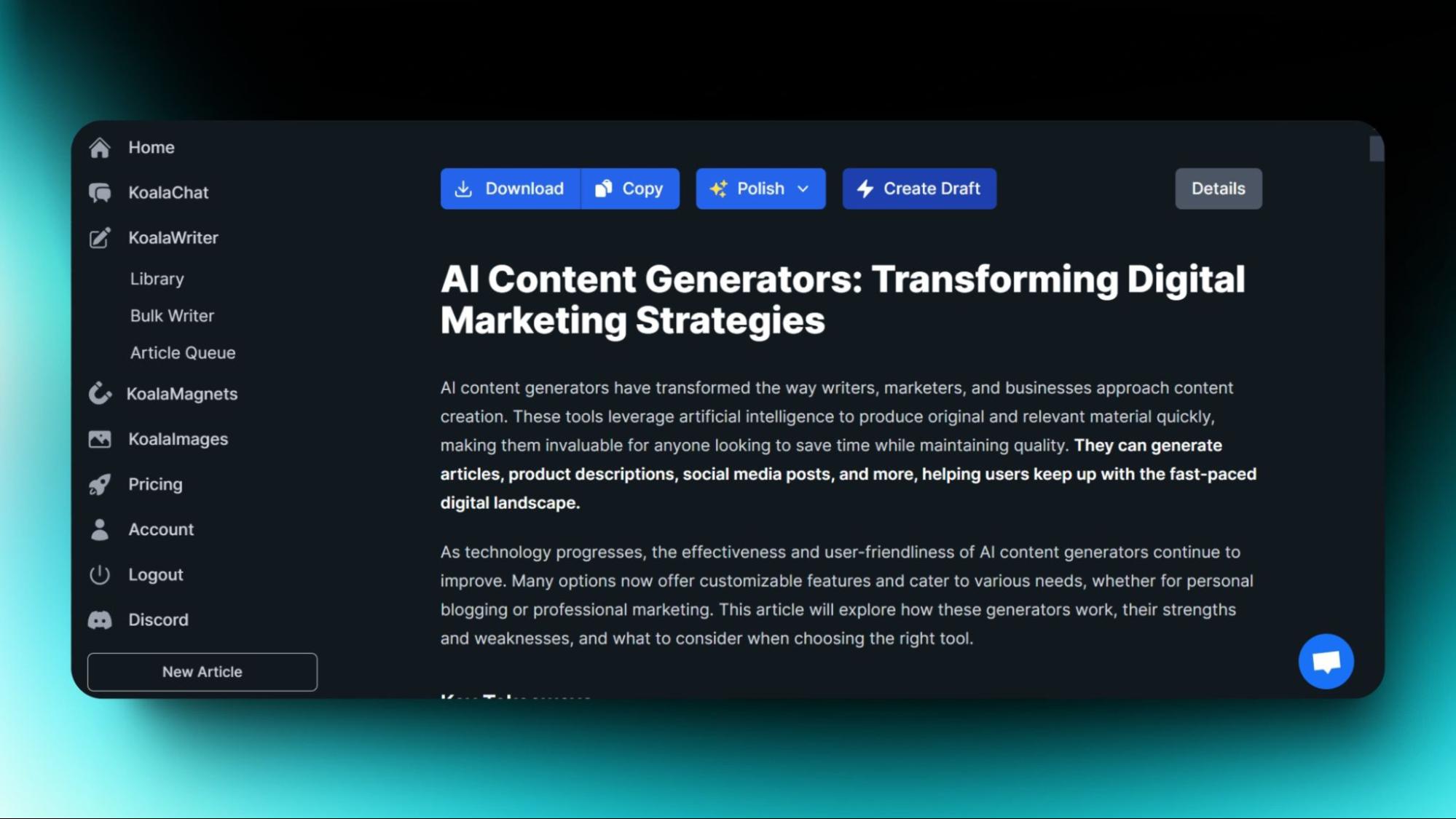 Screenshot of KoalaWriter displaying "AI Content Generators" article with options like Download, Copy, and Polish for content refinement.