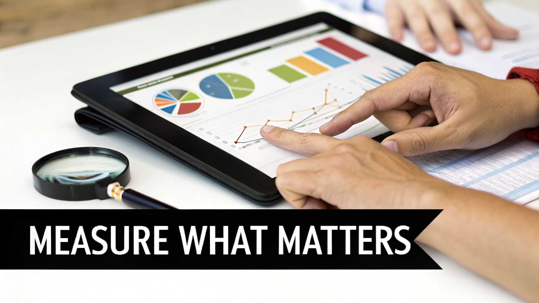Close-up of hands analyzing business data on a tablet with graphs and charts, and a magnifying glass.