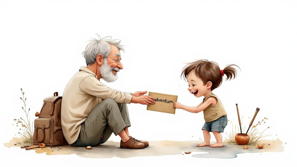 A joyful old man and a happy child exchanging a gift labeled 'adventure' on a light background.