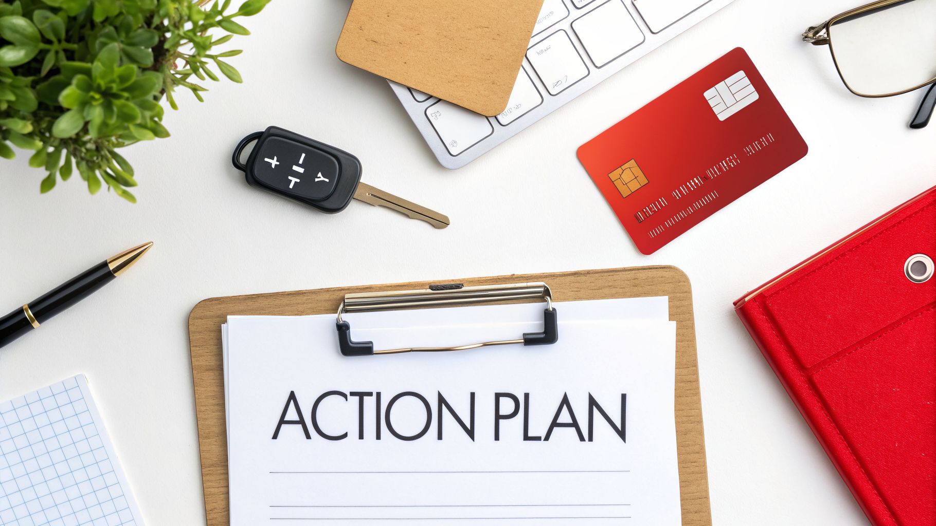 Overhead shot of an action plan document, car key, credit card, and office essentials on a white desk.