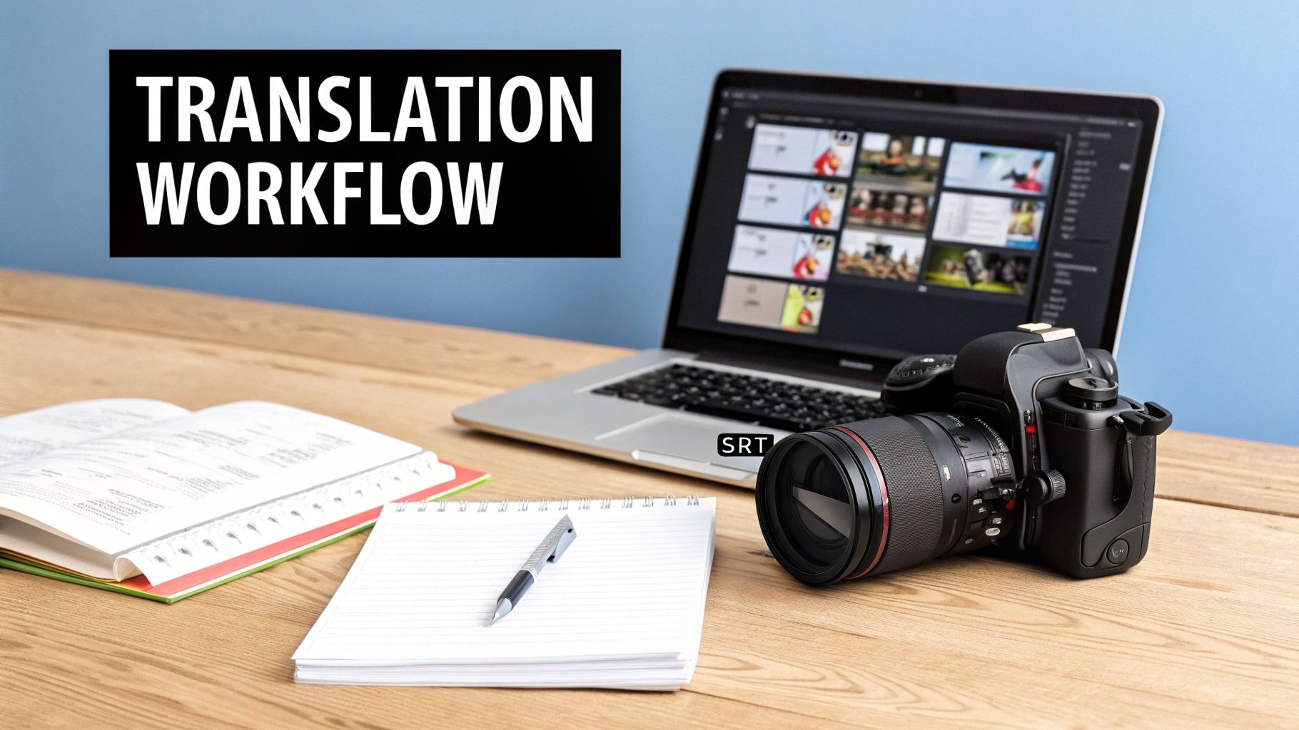 A professional translation workflow setup featuring a laptop, camera, books, and notepad on a wooden desk.