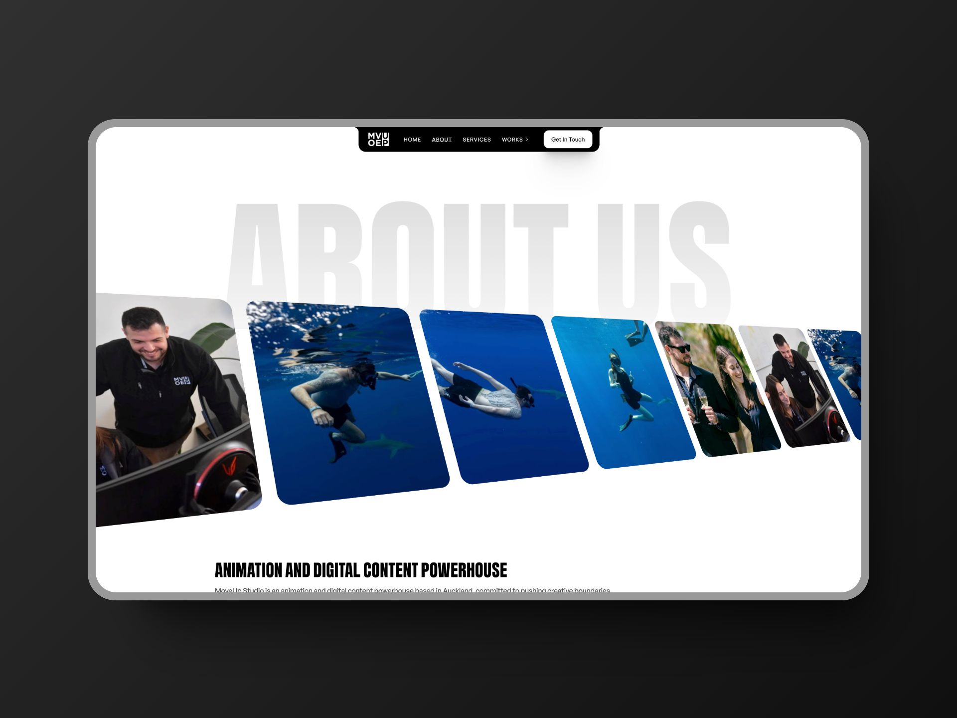 About Us page featuring a carousel of photos showcasing Move Up Studio's team at work, underwater filming, and group interactions, emphasizing animation and digital content production.