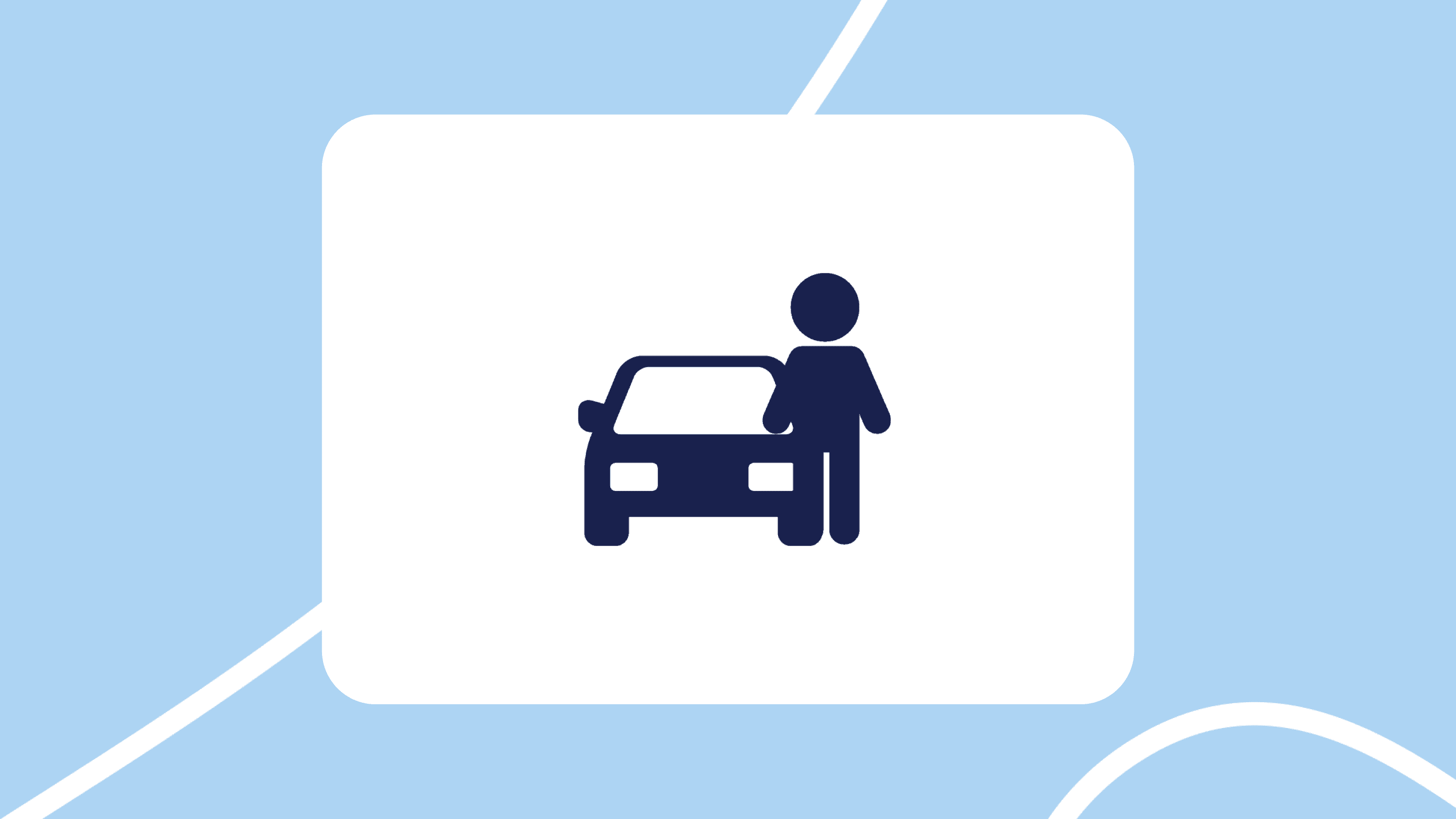 Icono de una persona junto a un coche (ilustración azul sobre fondo blanco y celeste).