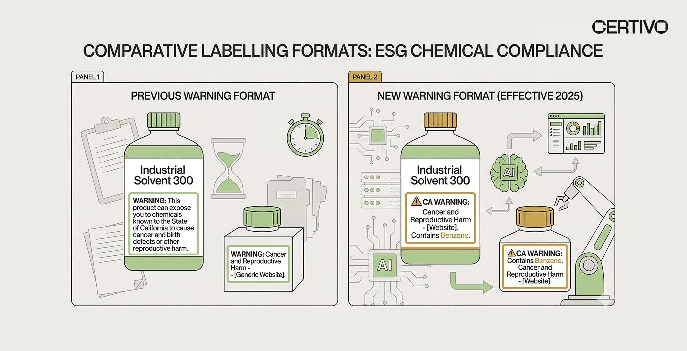 Proposition 65 warning requirements 2028 comparison showing old versus new labeling formats with chemical naming