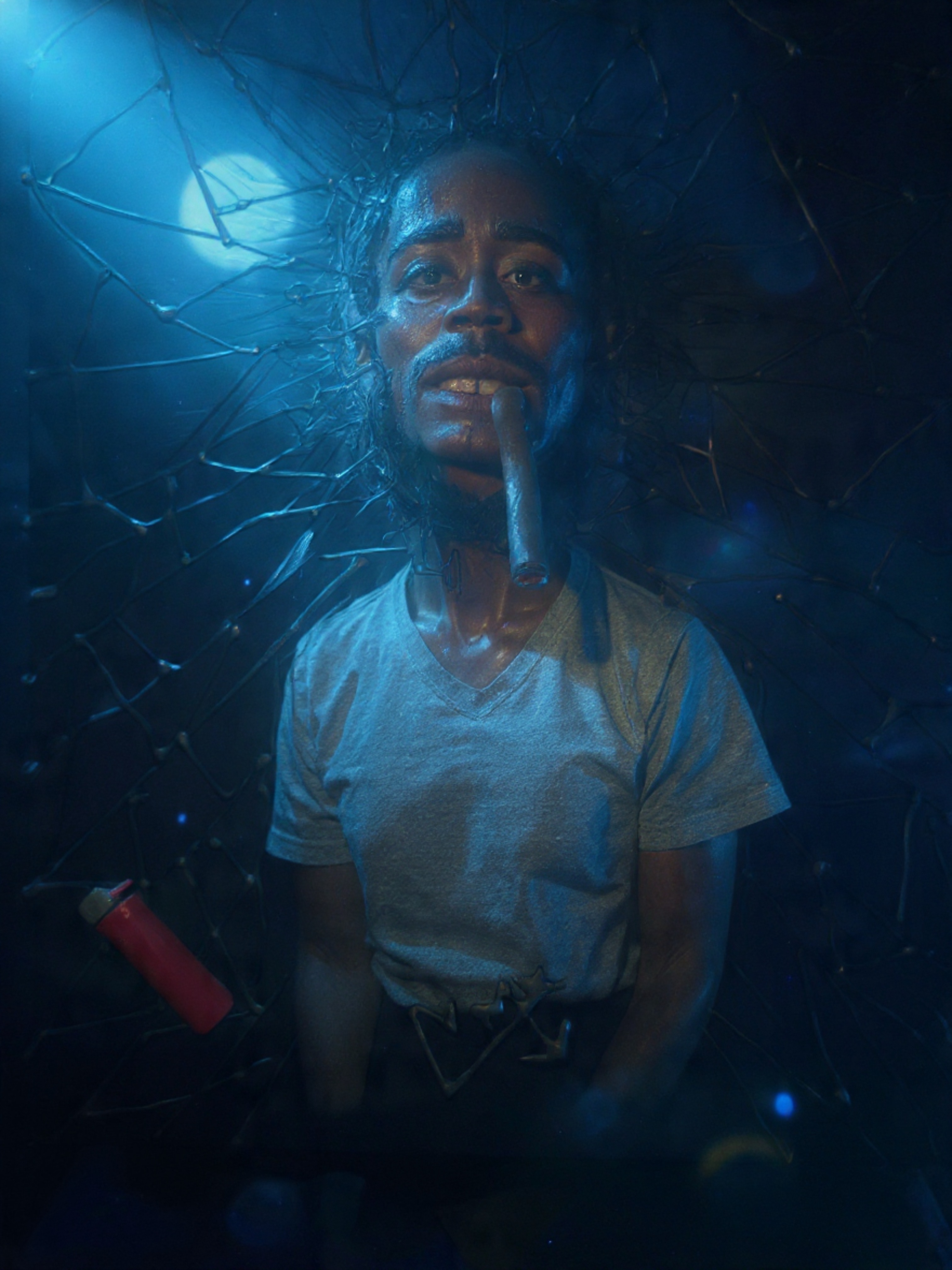 A surreal portrait art piece by contemporary artist Charlie Mayne from Burlington, Vermont, depicts a mixed media figure with a stylized face and textured surroundings, illuminated by moody blue lighting.