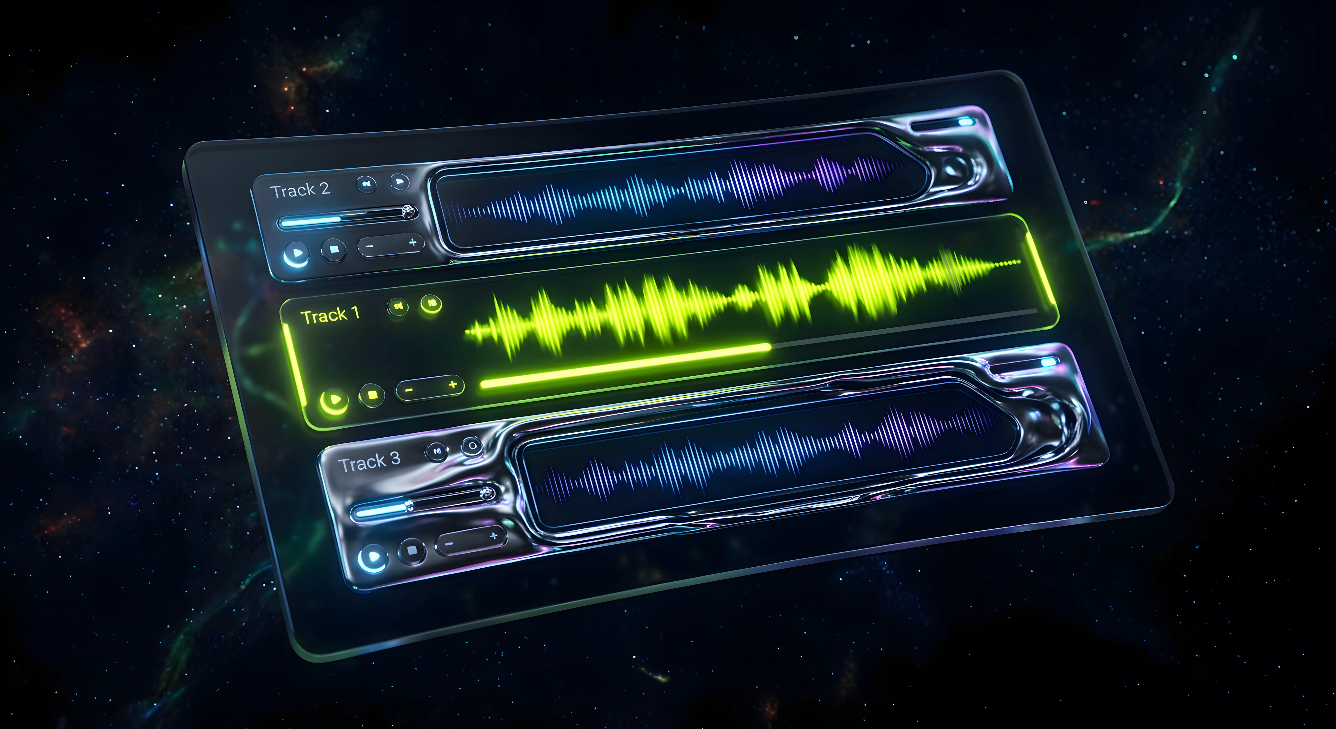 Branded audio showcase interface — inline player grid with waveform visualizations for presenting a sonic identity portfolio