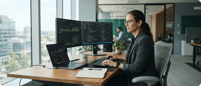Female data engineer with glasses working on code and data analytics dashboards across multiple monitors in a modern office.