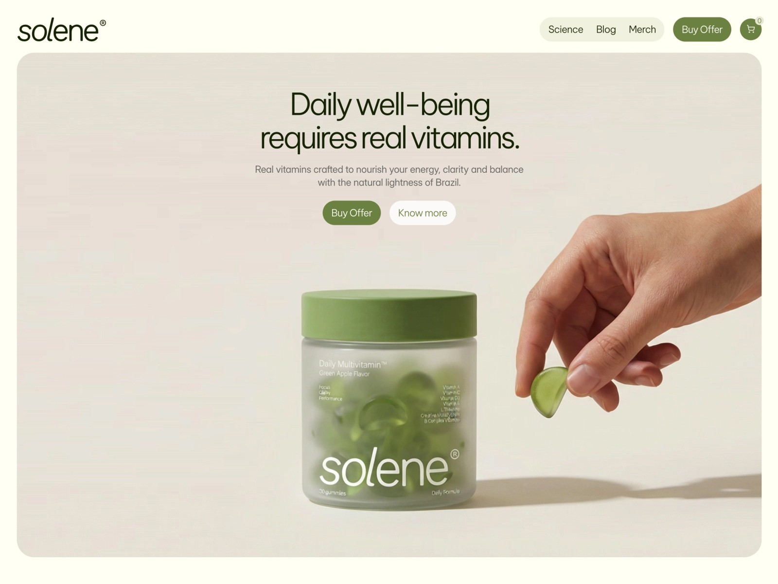 Hand holding green gummy near vitamin jar with green lid and text above.