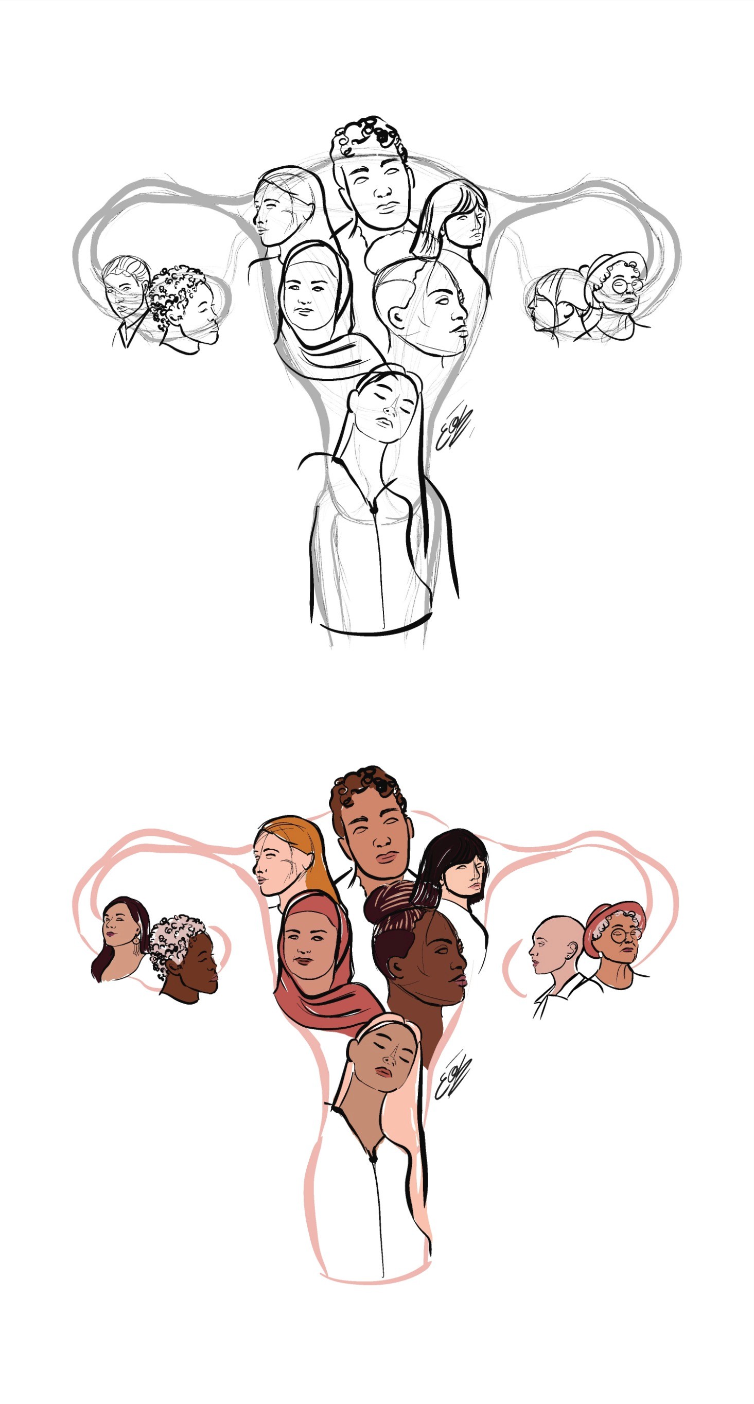 Image de couverture du dépliant d'endométriose. Portraits de femmes et différentes identités de genre dans un silhouette d'utérus