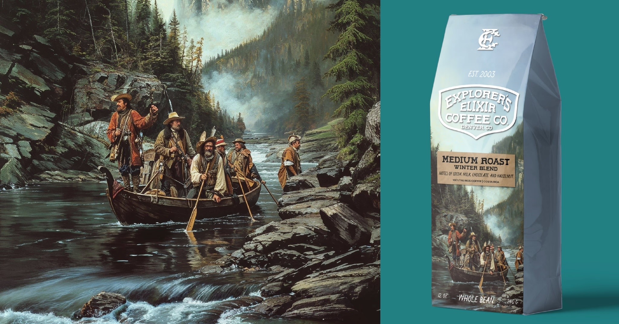 Explorer Elixir Coffee Packaging + AI Artwork