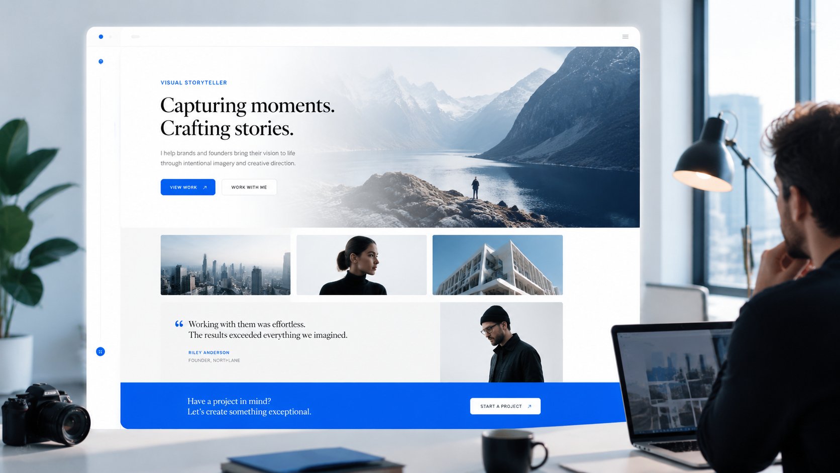 A sleek brand-first creator mini-site for a photographer or consultant, with a custom domain style header, large hero image, portfolio previews, testimonials, and one prominent contact CTA above the fold