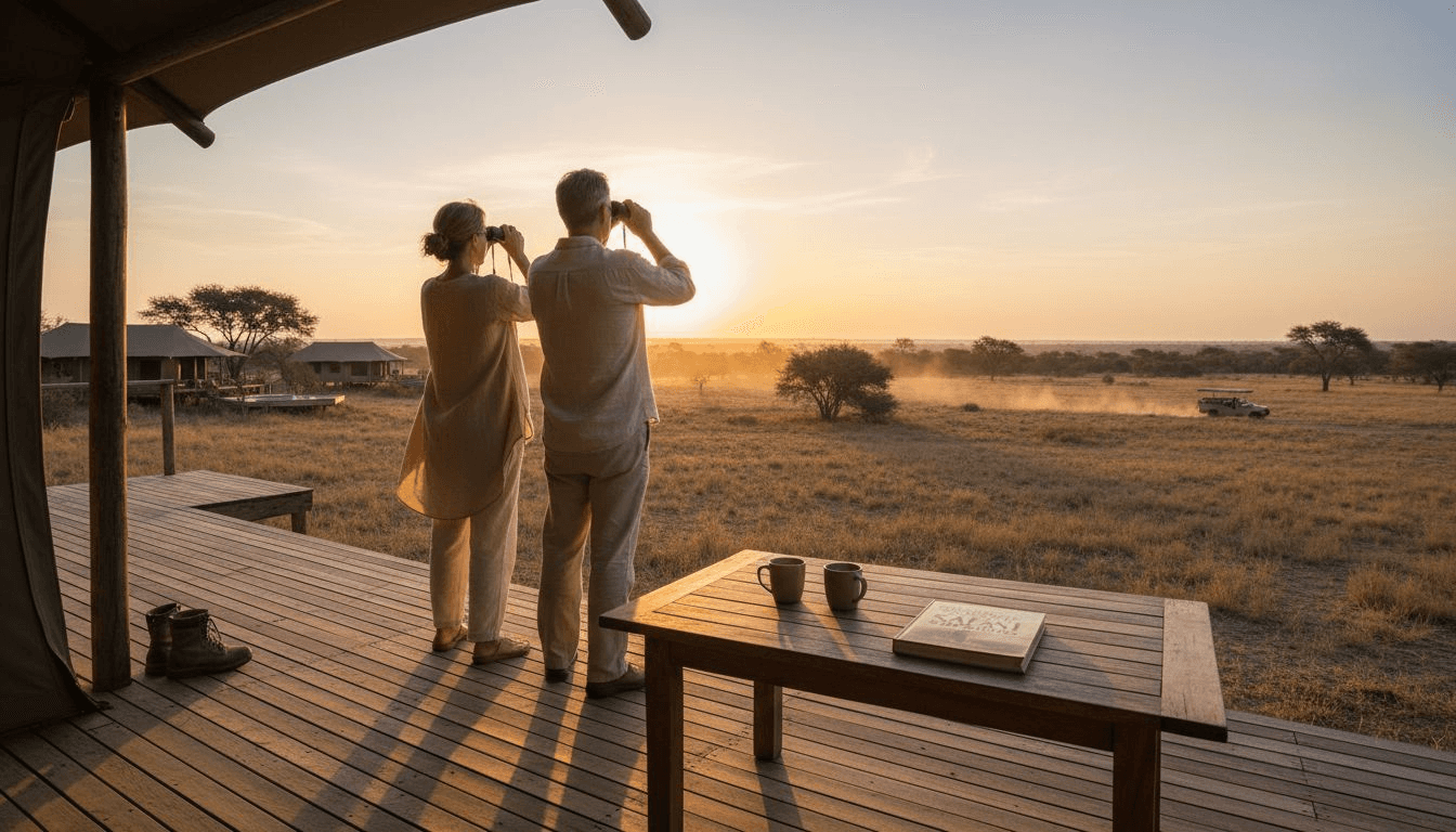 Couple on safari lodge deck at sunrise