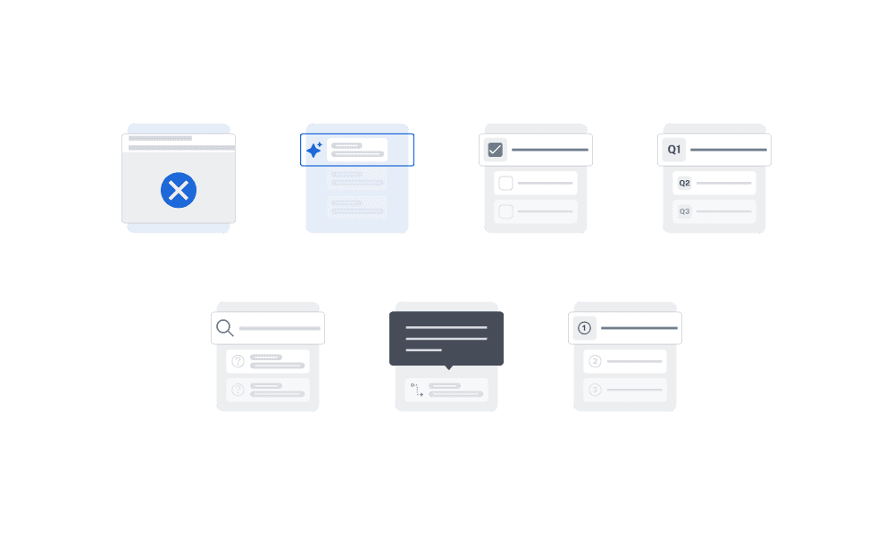Lista extensa com alguns pictogramas (ícones mais detalhados) como ajuda, criar do zero, resultado não encontrado etc