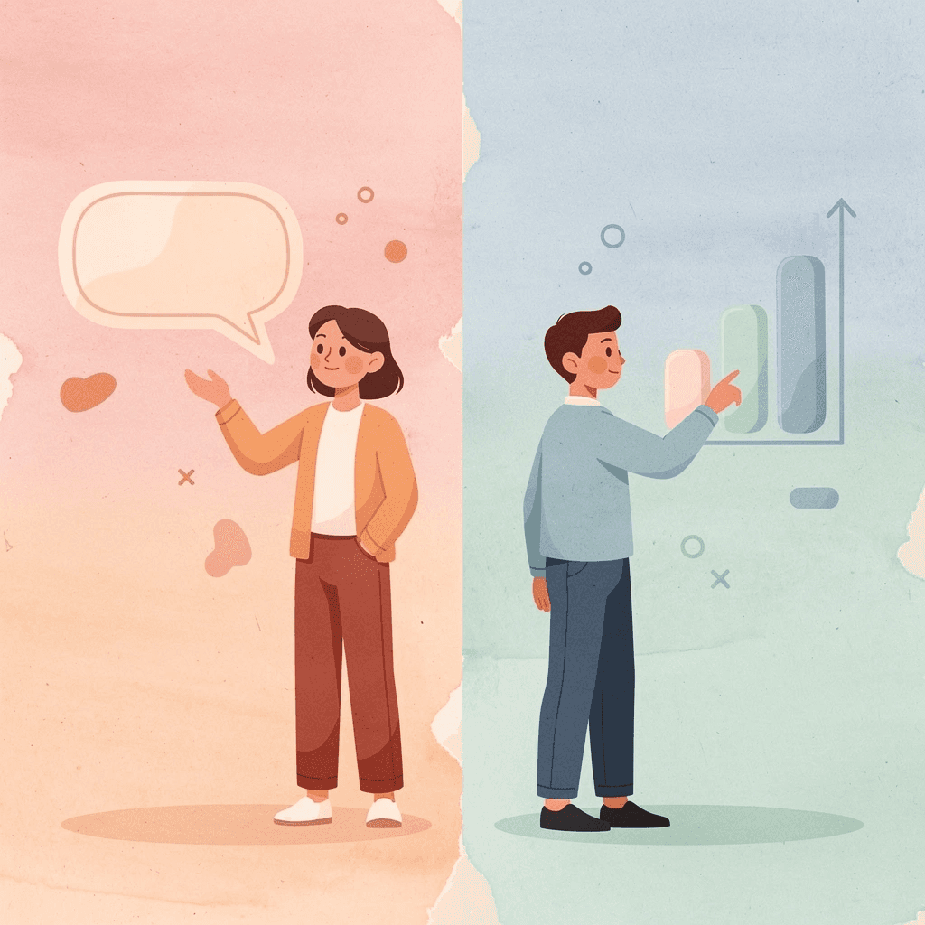Split scene comparing isolated vocabulary study versus conversational practice