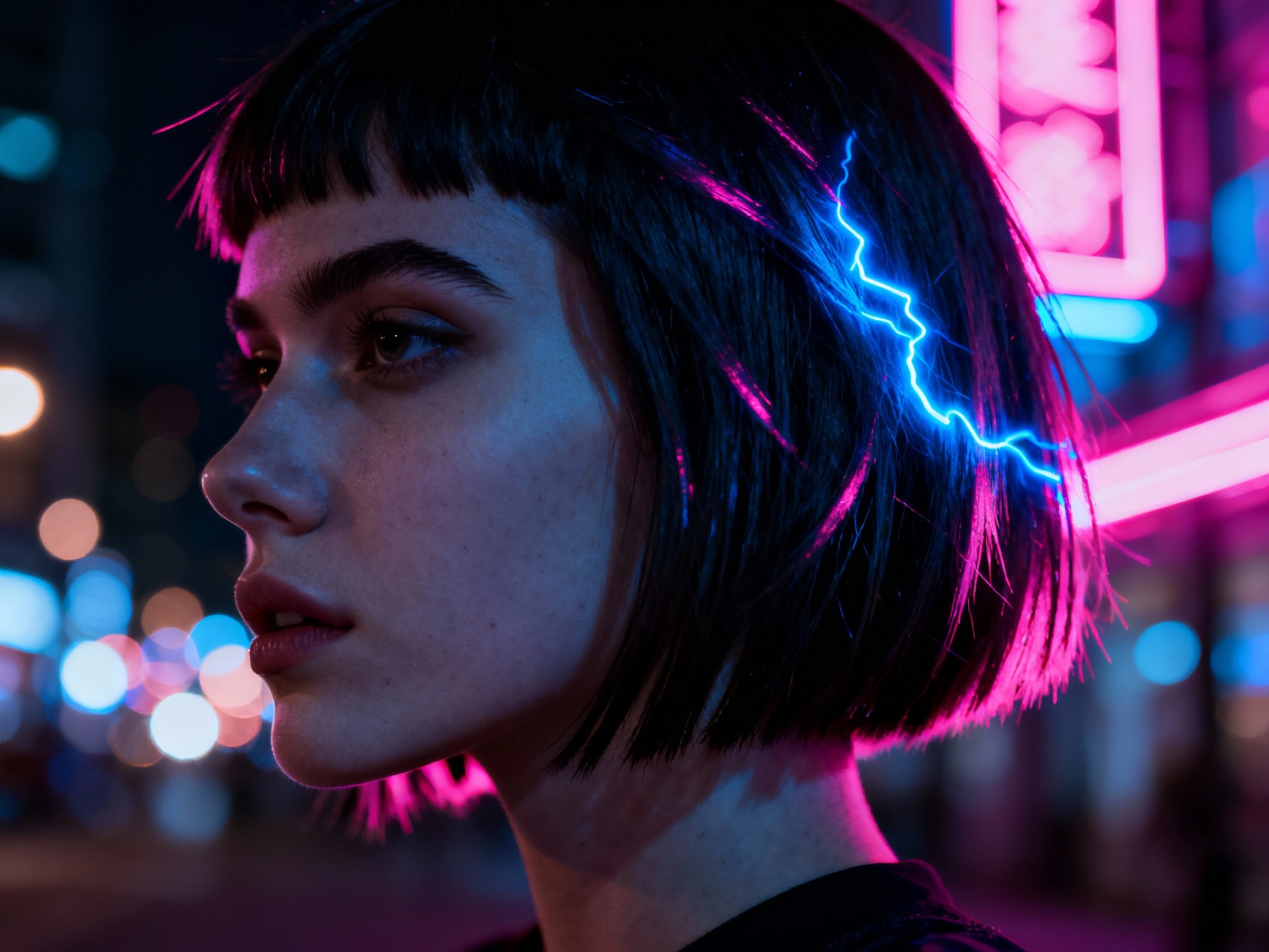 A cinematic nighttime cityscape in format shows a close-up profile of a model with a sharp wolf cut