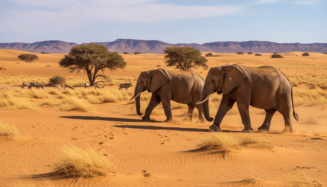 Elephants and antelope in NamibRand sand dunes
