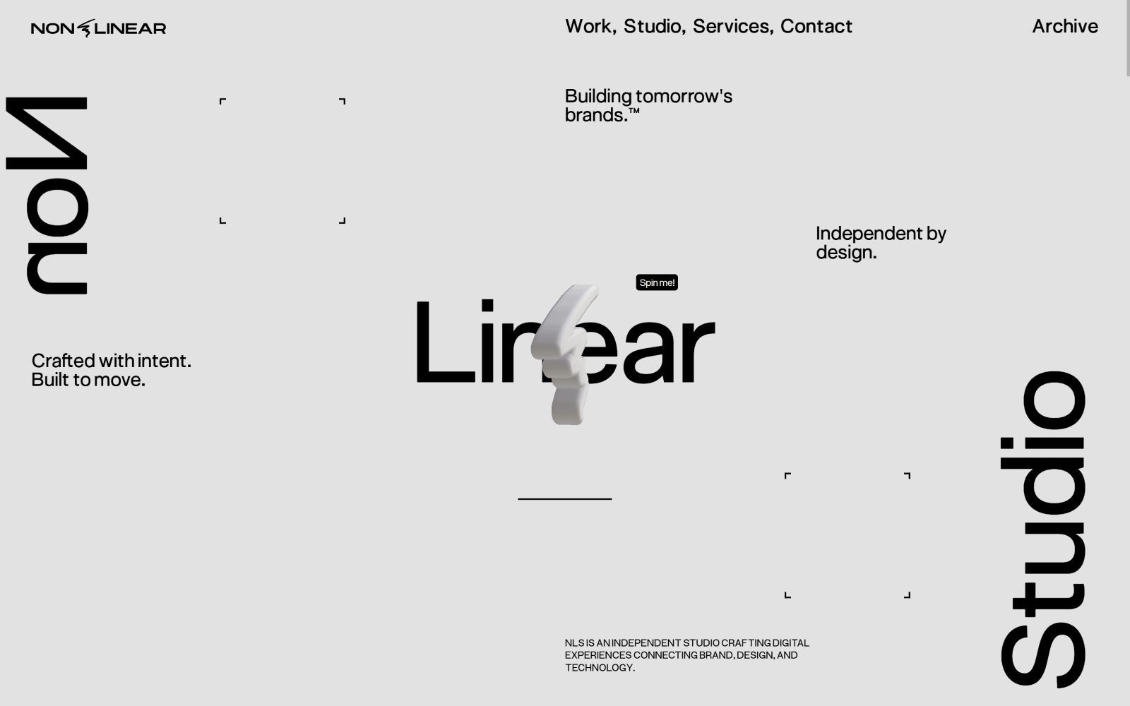 Black text on a white background with abstract shapes; "Building tomorrow’s brands." "Crafted with intent. Built to move.