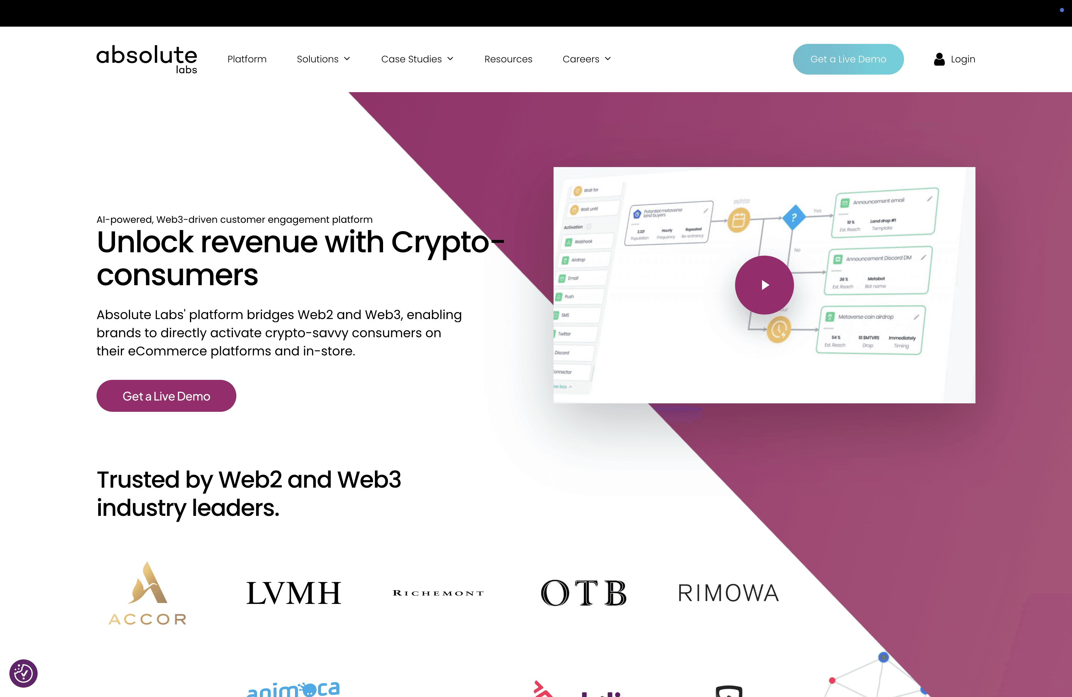 Absolute Labs homepage Web3 customer engagement and wallet analytics platform.