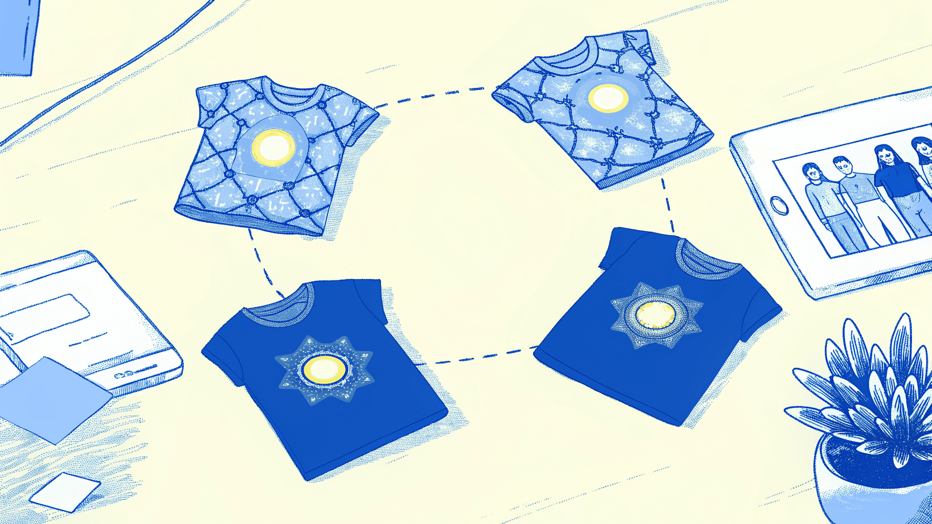 Four matching custom shirts linked in a network, beside a group chat notification bubble